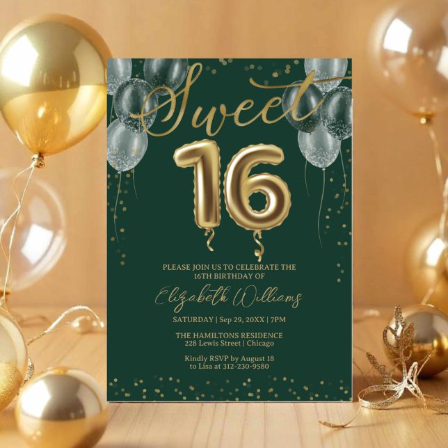 Invitation Gold Foil Sweet 16 Ballons d'anniversaire Green Pa (Créateur téléchargé)