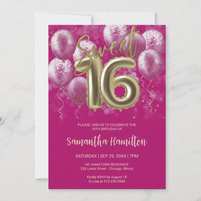 Invitation Gold Foil Sweet 16 Ballons d'anniversaire Hot rose (Devant)