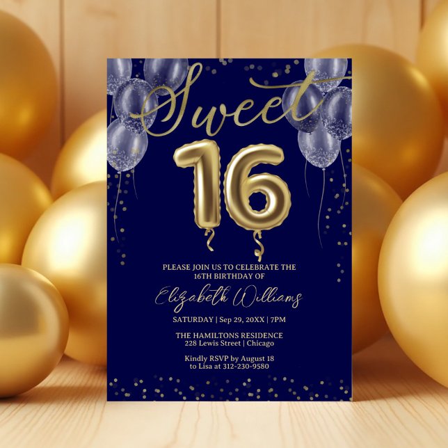 Invitation Gold Foil Sweet 16 Ballons d'anniversaire Royal Bl (Créateur téléchargé)