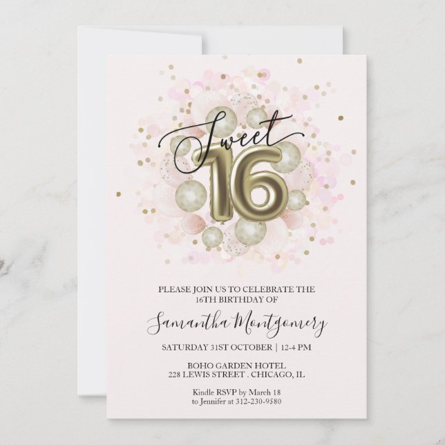 Invitation Gold Foil Sweet 16 Balloons Anniversaire Parti ros (Devant)