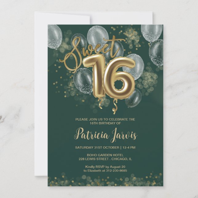 Invitation Gold Foil Sweet 16 Balloons Party Emerald Green (Devant)