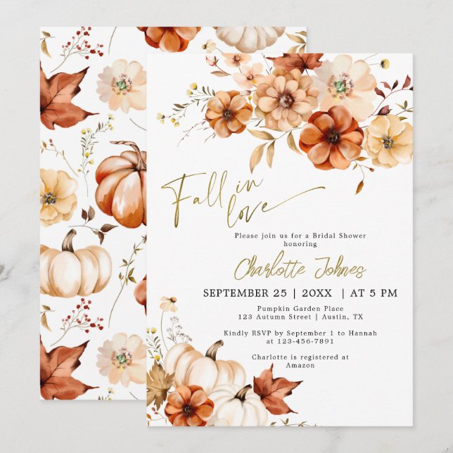Invitation Gold Foil tombe dans Love Cream Citrouille Fête de (Devant / Derrière)