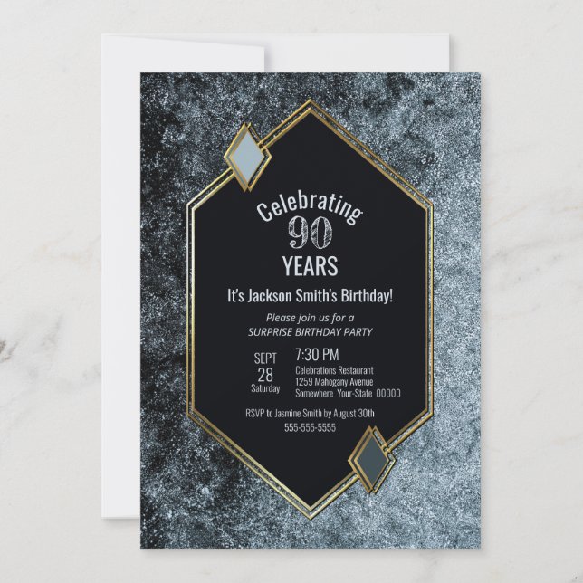 Invitation Gold Frame Argent Surprise 90e fête d'anniversaire (Devant)