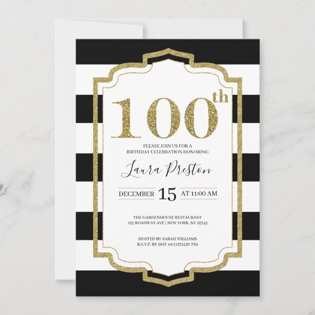 Invitation Gold Frame Black Stripes Parties scintillant 100e  (Devant)