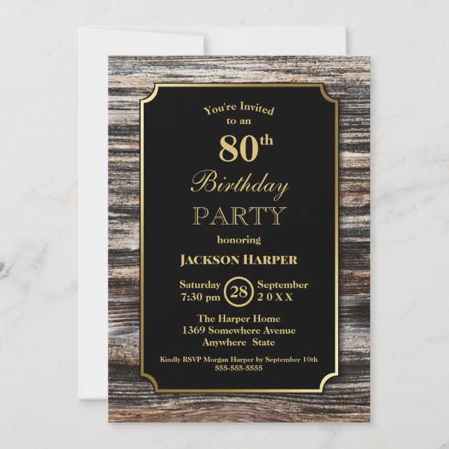 Invitation Gold Frame Bois 80e fête d'anniversaire (Devant)