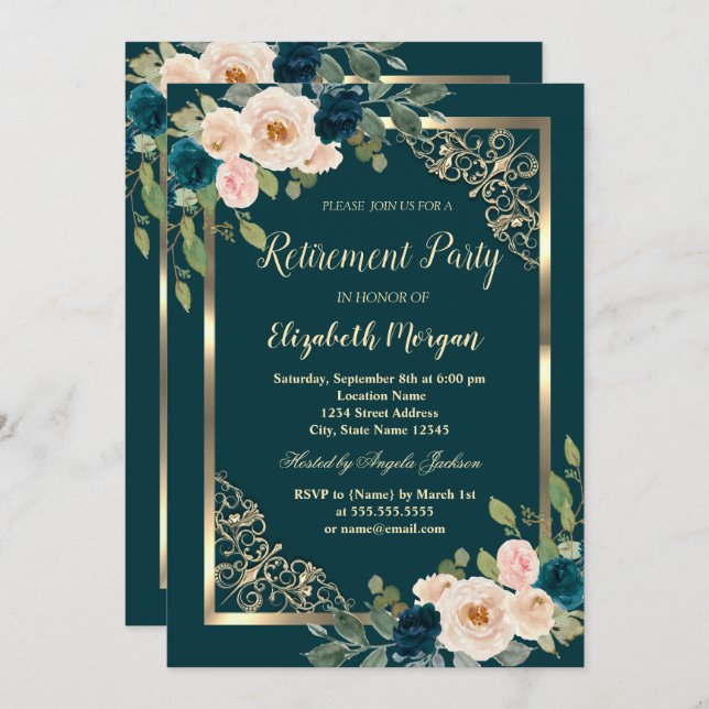 Invitation Gold Frame Bourgogne Rose Retraite verte (Devant / Derrière)