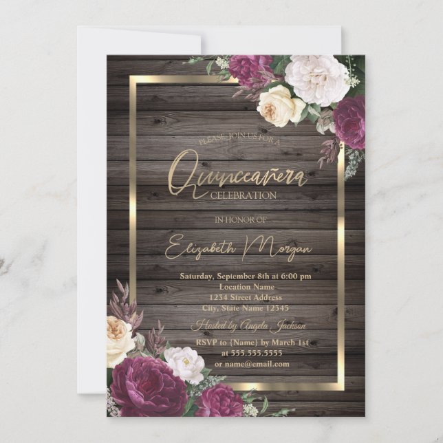 Invitation Gold Frame Bourgogne Rose Wood Quinceañera (Devant)