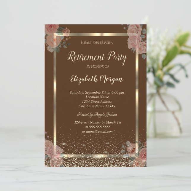 Invitation Gold Frame Confetti Boho Roses retraite Brown (Debout devant)