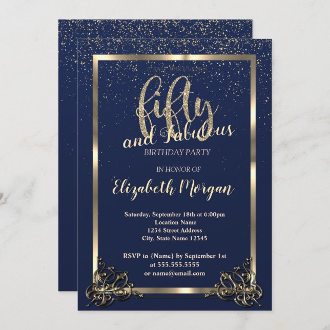 Invitation Gold Frame Confetti Marine Blue 50e fête d'anniver (Devant / Derrière)
