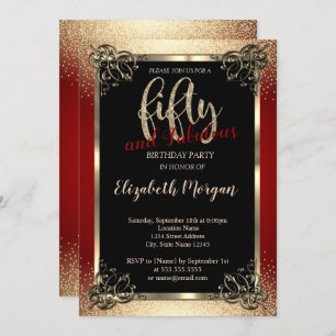 Invitation Gold Frame, Confetti Red 50th Birthday Party