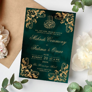 Invitation Gold Frame Dark Green Cérémonie islamique Mehndi