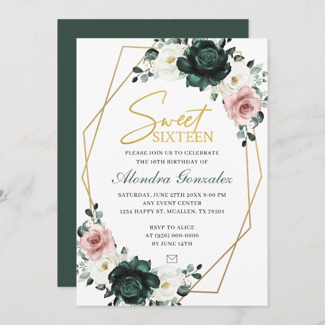 Invitation Gold frame emerald green floral Sweet 16 invite (Devant / Derrière)
