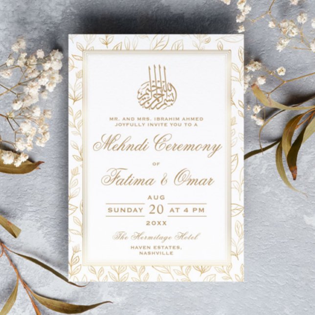 Invitation Gold Frame Feuille Motif islamique Mehndi Cérémoni (Créateur téléchargé)