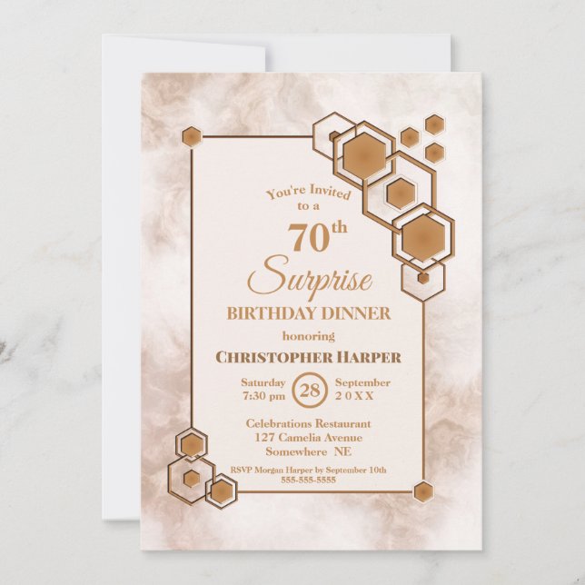 Invitation Gold Frame Marble Surprise Dîner d'anniversaire 70 (Devant)