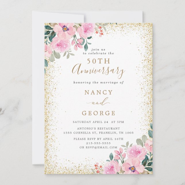 Invitation Gold Frame Rose Floral 50e anniversaire Mariage (Devant)