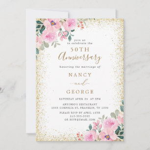 Invitation Gold Frame Rose Floral 50e anniversaire Mariage