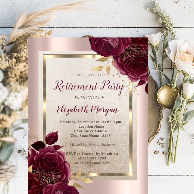 Invitation Gold Frame, Rose Gold Burgundy Retraite Rose (Créateur téléchargé)