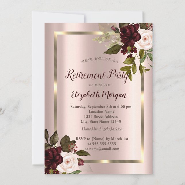 Invitation Gold Frame, Roses Bourgogne, Rose Gold Retirement (Devant)
