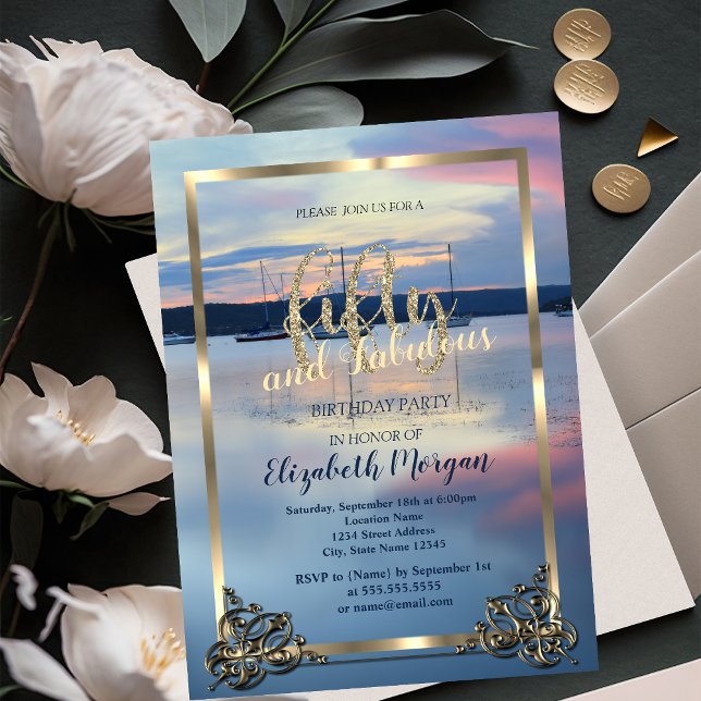 Invitation Gold Frame Yacht Sunset 50e fête d'anniversaire (Créateur téléchargé)
