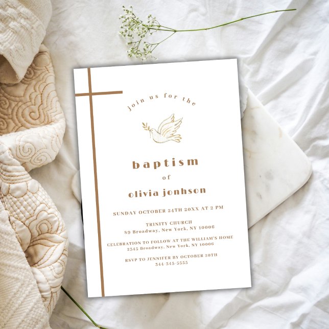Invitation Gold French Modern Bird Cross Christening Baptême (Gold French Modern Bird Cross Christening Baptism Invitation)
