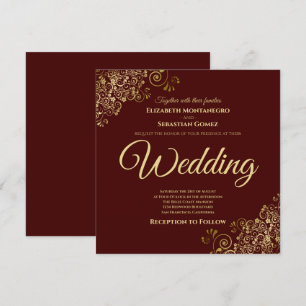 Invitation Gold Frills Auburn Brown Elegant Carré Mariage