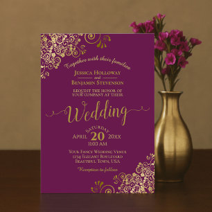 Invitation Gold Frills Elegant Cassis Purple Magenta Wedding
