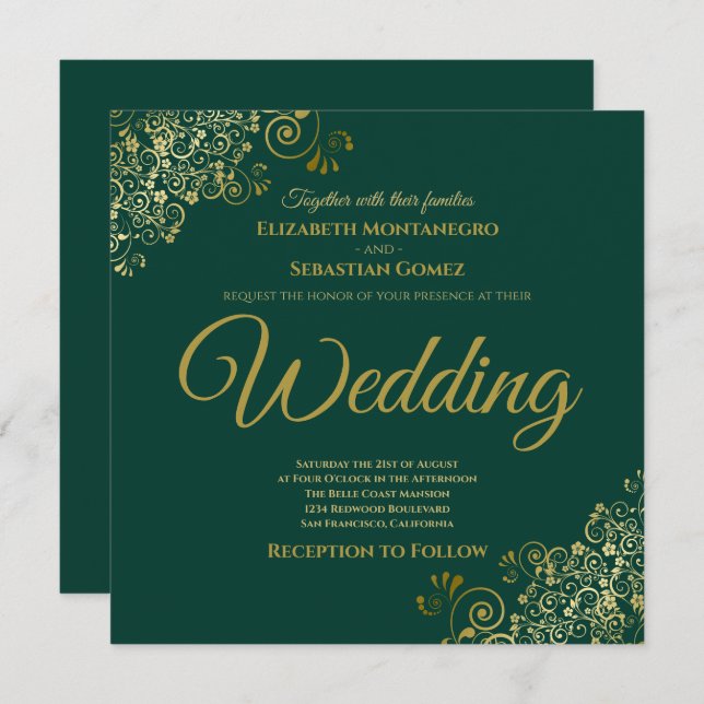 Invitation Gold Frills Emerald Green Elegant Carré Mariage (Devant / Derrière)