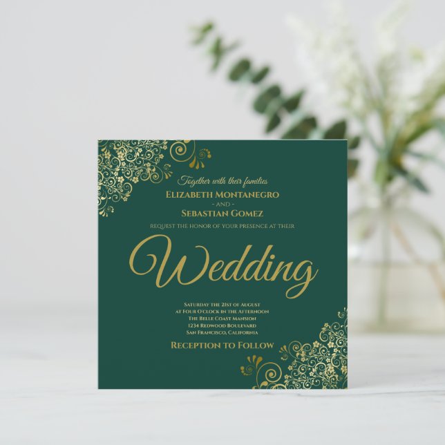 Invitation Gold Frills Emerald Green Elegant Carré Mariage (Debout devant)