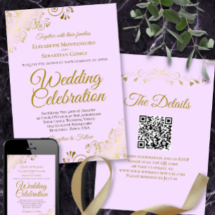 Invitation Gold Frills & Lilac Purple Elegant QR Code Mariage