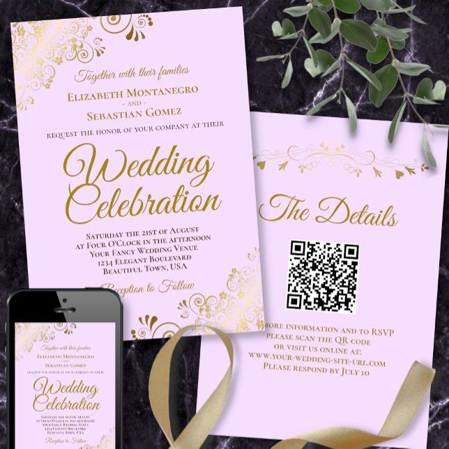 Invitation Gold Frills & Lilac Purple Elegant QR Code Mariage (Créateur téléchargé)