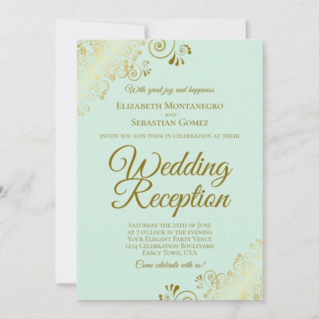 Invitation Gold Frills & Mint Green Elegant Mariage Réception (Devant)