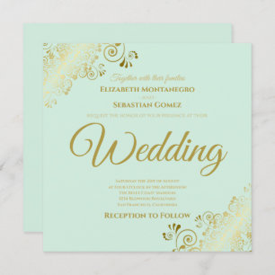 Invitation Gold Frills Neo Mint Green Elegant Carré Mariage