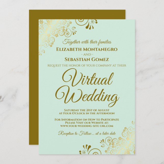 Invitation Gold Frills Neo Mint Green Elegant Mariage virtuel (Devant / Derrière)