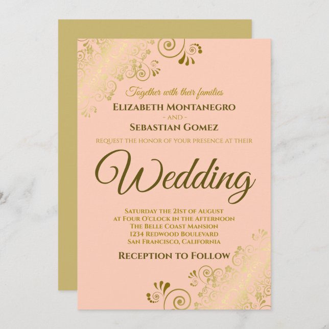 Invitation Gold Frills Simple Chic Coral Peach Orange Mariage (Devant / Derrière)