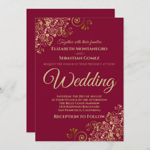 Invitation Gold Frills Simple Chic Maroon Mariage Bourgogne