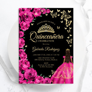 Invitation Gold Fuchsia Roses roses papillons Quinceanera