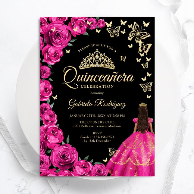 Invitation Gold Fuchsia Roses roses papillons Quinceanera (Créateur téléchargé)