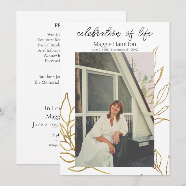 Invitation Gold Funeral Celebration of Life Program (Devant / Derrière)