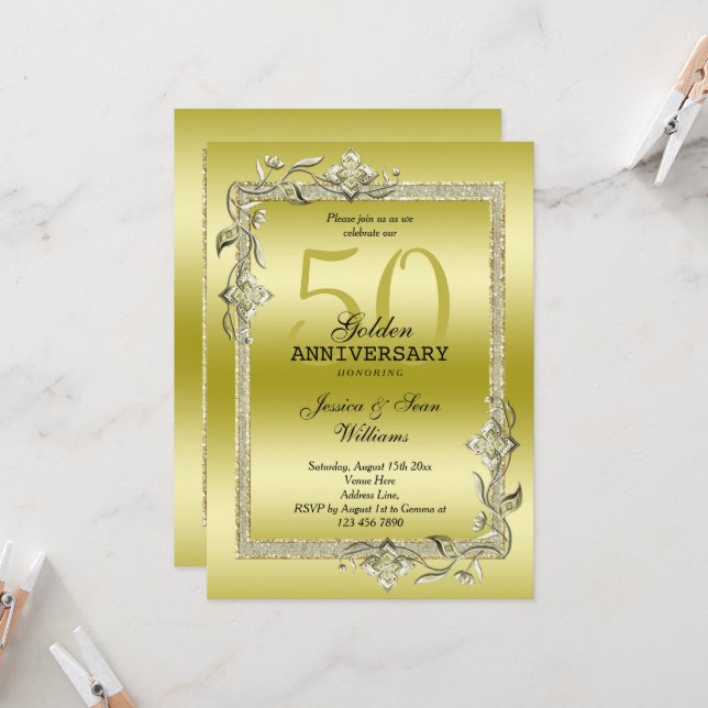 Invitation Gold Gem & Parties scintillant 50e Anniversaire du (Devant/Arrière en situation)