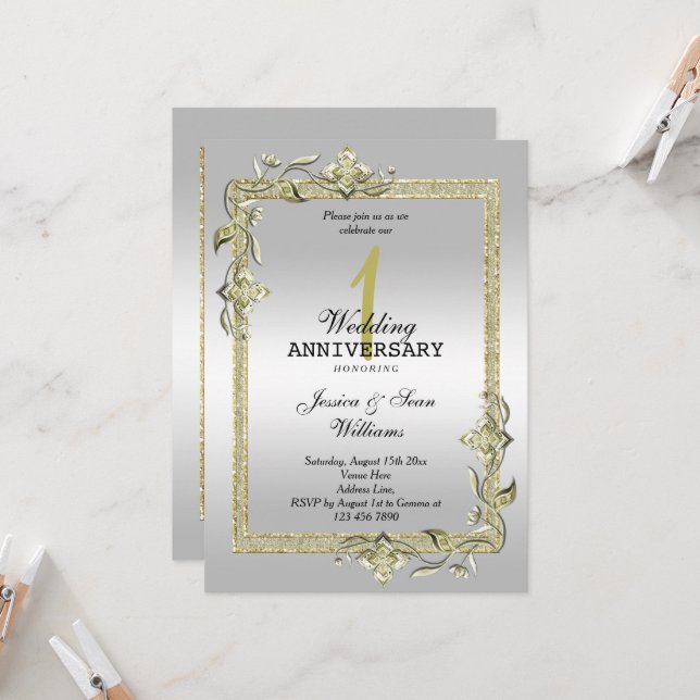 Invitation Gold Gem, Parties scintillant & Silver 1er Mariage (Devant/Arrière en situation)