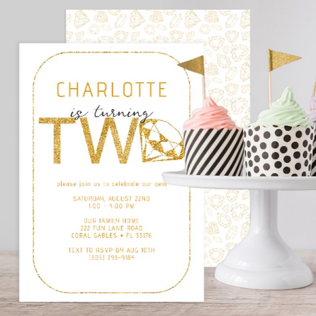 Invitation Gold Gem Sparkle 2e anniversaire de fête Invitatio (glitter gold 2nd birthday party invitation)