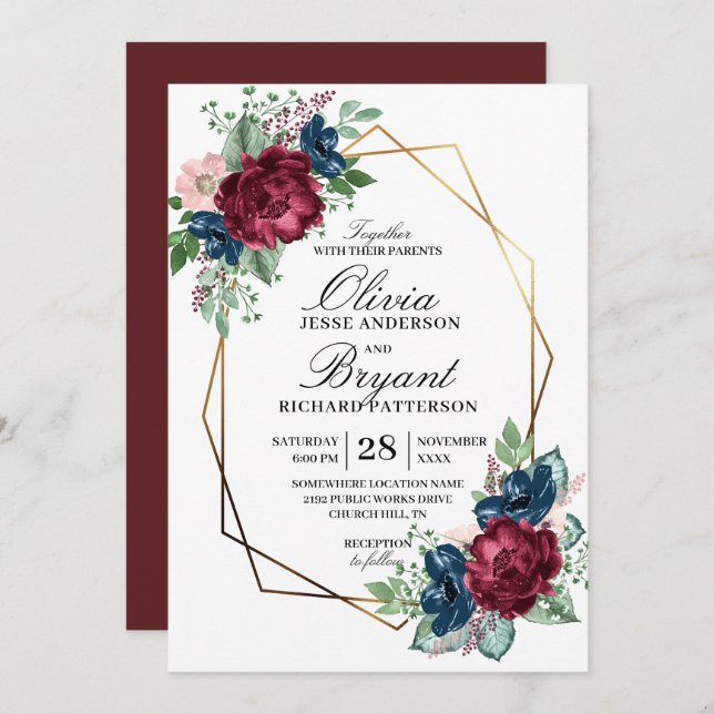 Invitation Gold Geo Marine Burgundy Floral Mariage (Devant / Derrière)