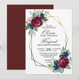 Invitation Gold Geo Marine Burgundy Floral Mariage