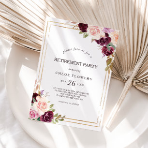 Invitation Gold Géométrique Bourgogne Floral Retraite Party