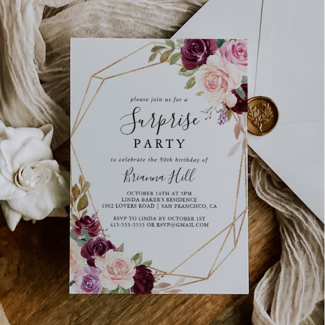 Invitation Gold Géométrique Rustique Floral Surprise Party (Créateur téléchargé)