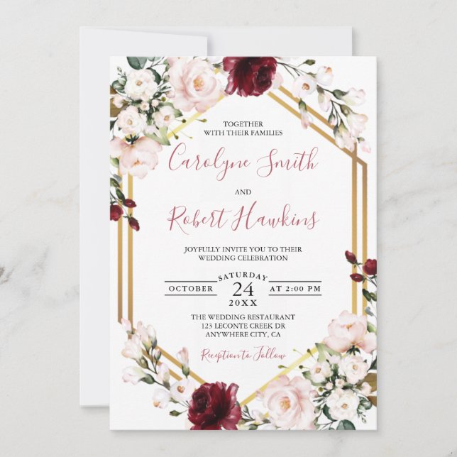 Invitation Gold Géométrique Verdure Bourgogne Mariage (Devant)