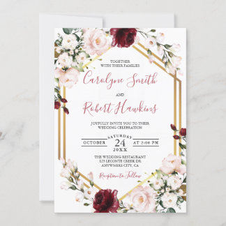 Invitation Gold Géométrique Verdure Bourgogne Mariage