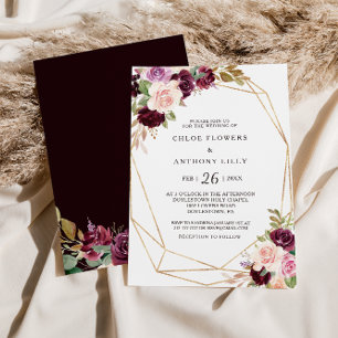 Invitation Gold Géométrique Vert Blush Bourgogne Mariage Flor