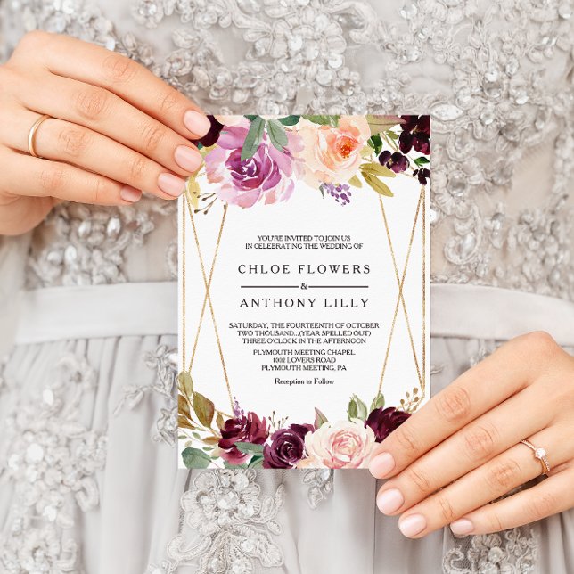 Invitation Gold Géométrique Vert Blush Bourgogne mariage Flor (Créateur téléchargé)