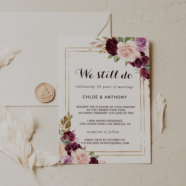 Invitation Gold Géométrique Vert Bourgogne Floral Vow Renouve (Créateur téléchargé)